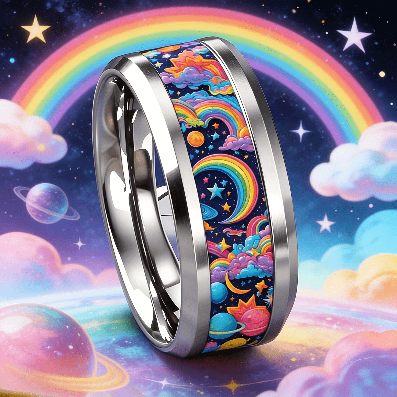 Rainbow Starry Sky Planet Cloud 316 Stainless Steel Ring